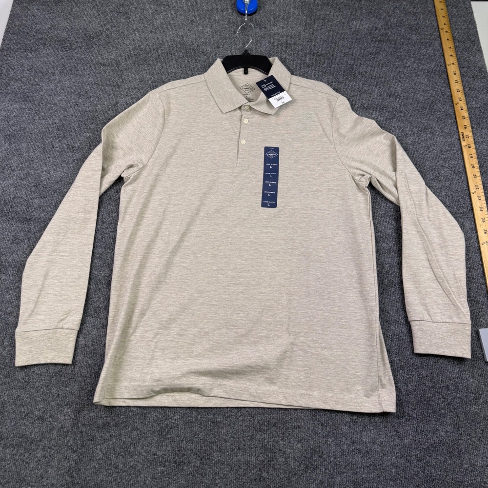 St Johns Bay Mens Long Sleeve Polo Shirt Classic Fit Stone Heather Large NWT